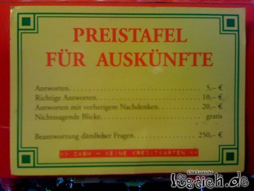 Preistafel für Auskünfte Preistafel für Auskünfte